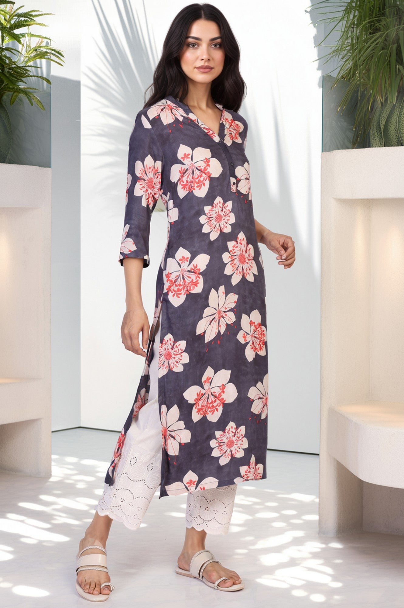 Black Floral Print Thread Work Straight Rayon Kurta