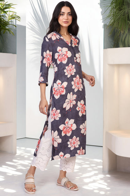 Black Floral Print Thread Work Straight Rayon Kurta