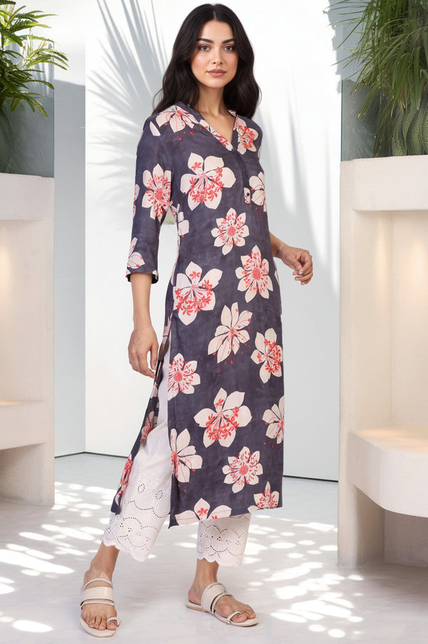 Black Floral Print Thread Work Straight Rayon Kurta