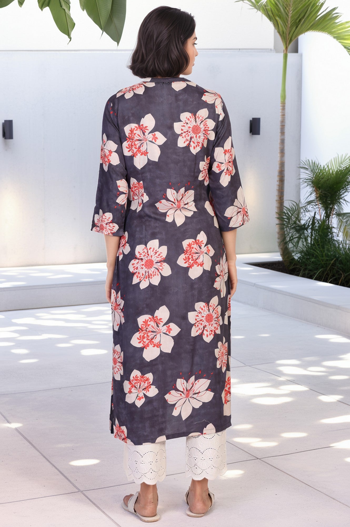 Black Floral Print Thread Work Straight Rayon Kurta