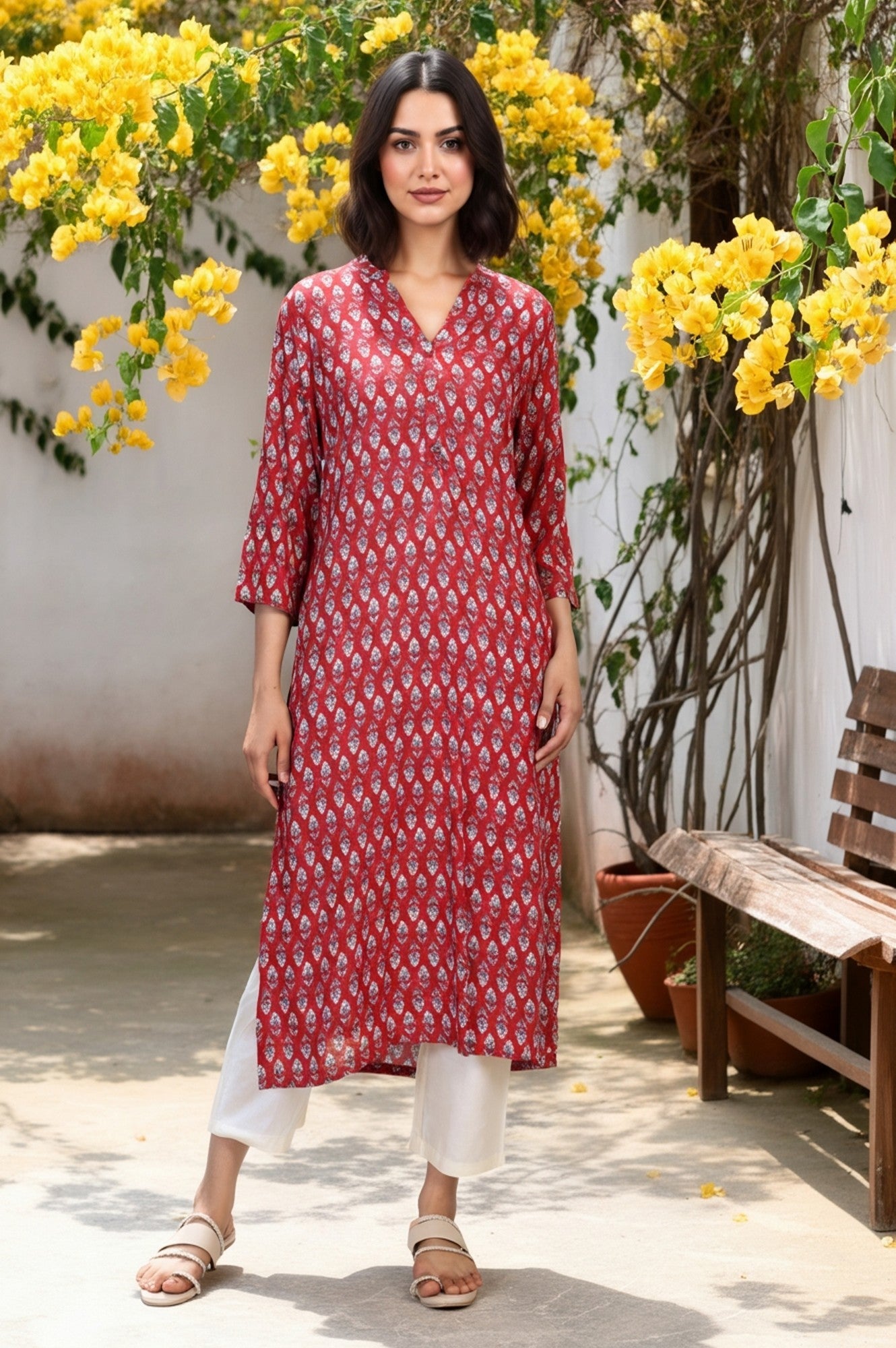 Red Floral Print Thread Work Straight Rayon Kurta