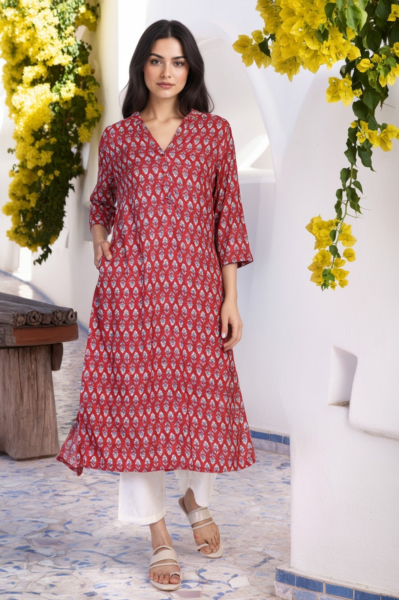 Red Floral Print Thread Work Straight Rayon Kurta