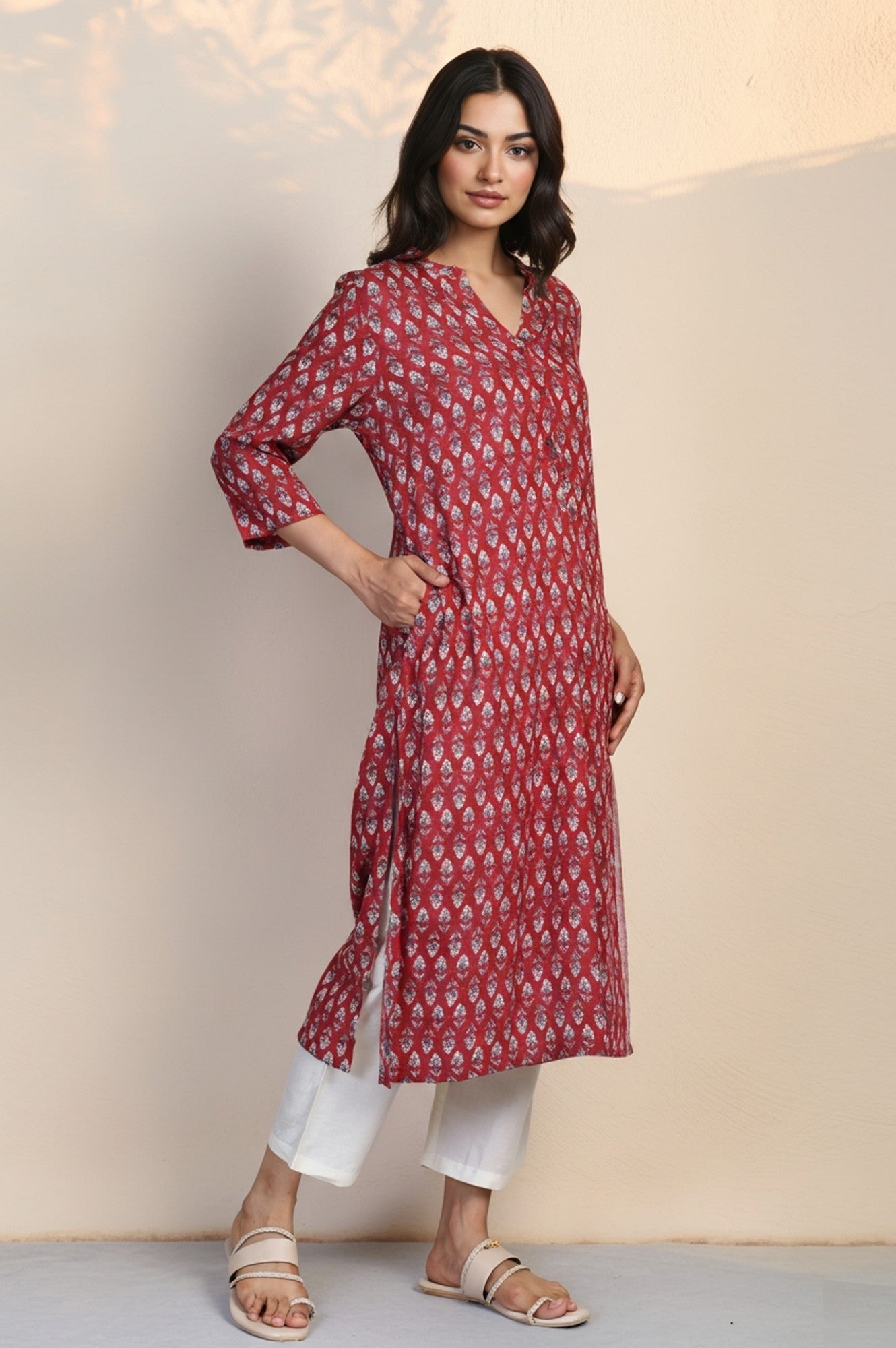 Red Floral Print Thread Work Straight Rayon Kurta