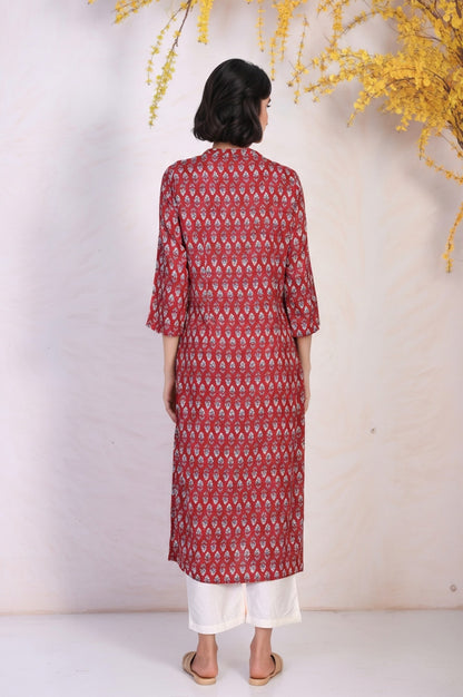 Red Floral Print Thread Work Straight Rayon Kurta