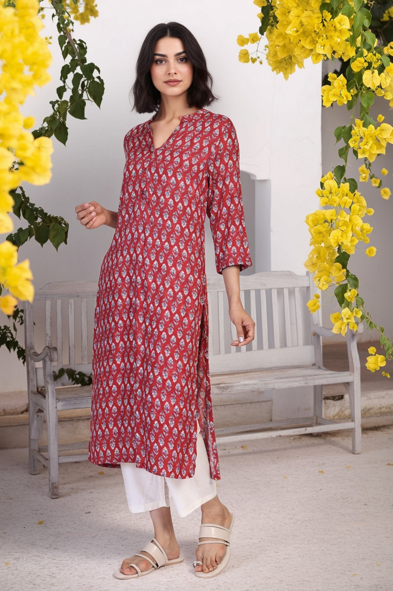 Red Floral Print Thread Work Straight Rayon Kurta