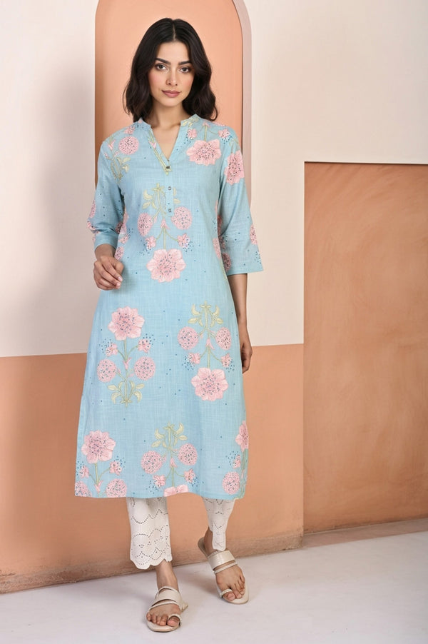 Blue Floral Printed Thread Work Straight Rayon Kurta