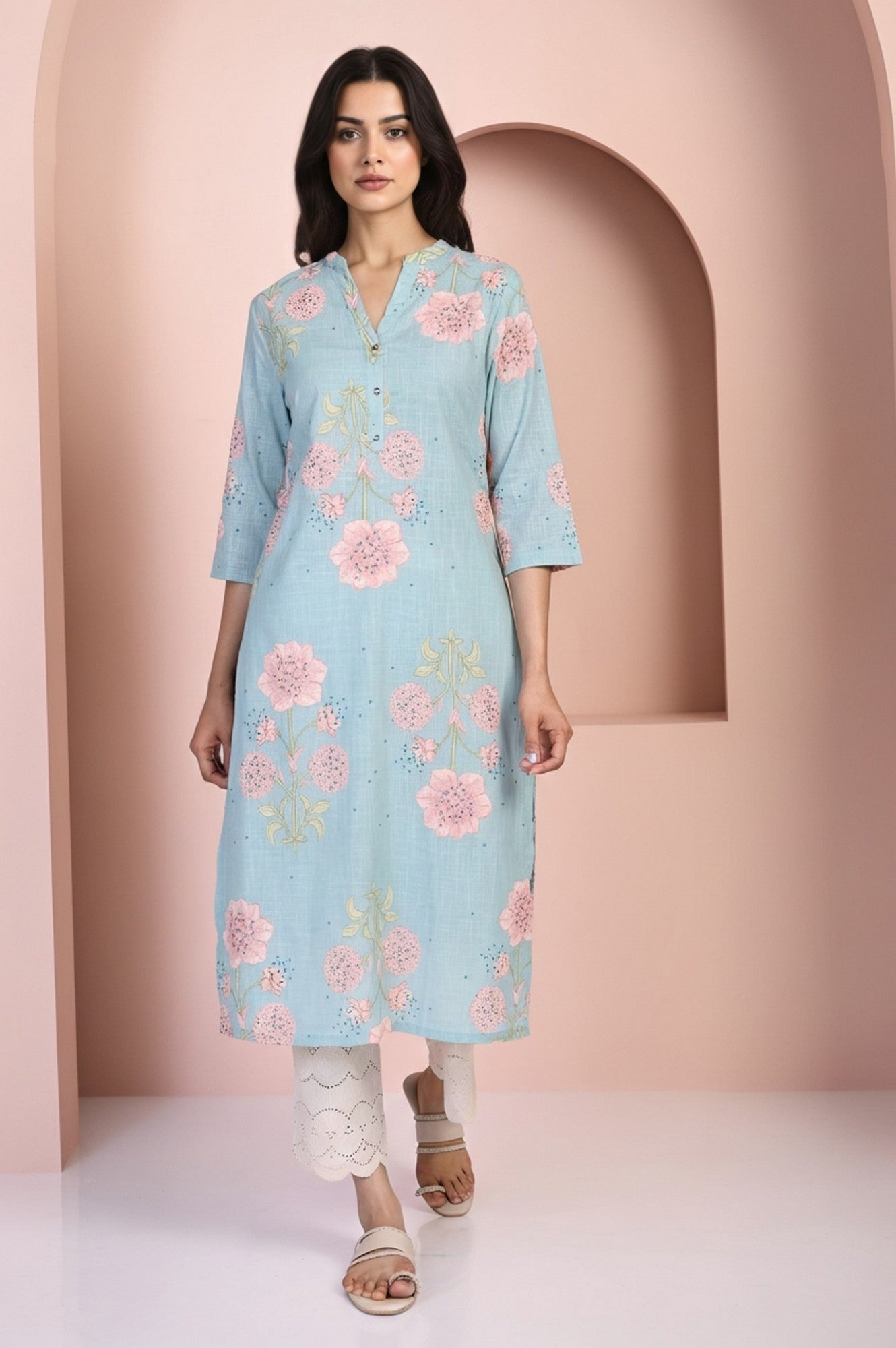 Blue Floral Printed Thread Work Straight Rayon Kurta
