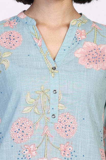 Blue Floral Printed Thread Work Straight Rayon Kurta