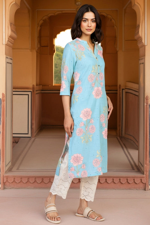 Blue Floral Printed Thread Work Straight Rayon Kurta