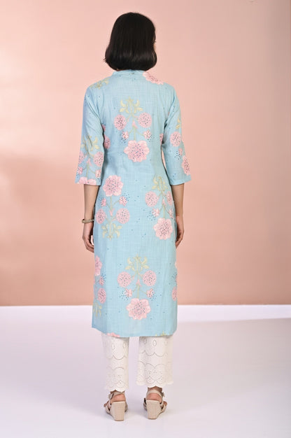 Blue Floral Printed Thread Work Straight Rayon Kurta