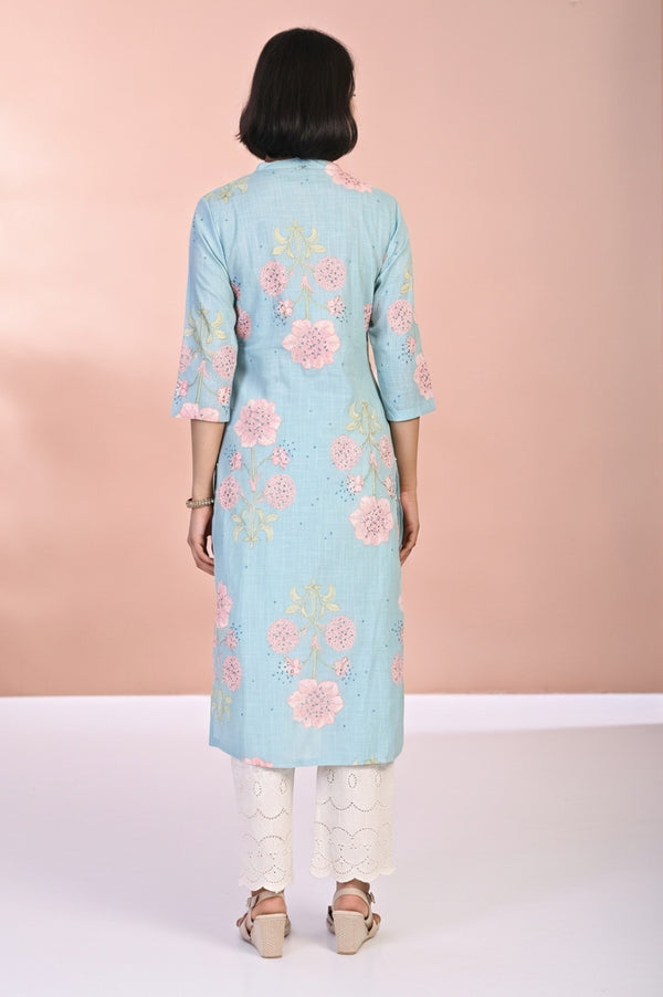 Blue Floral Printed Thread Work Straight Rayon Kurta