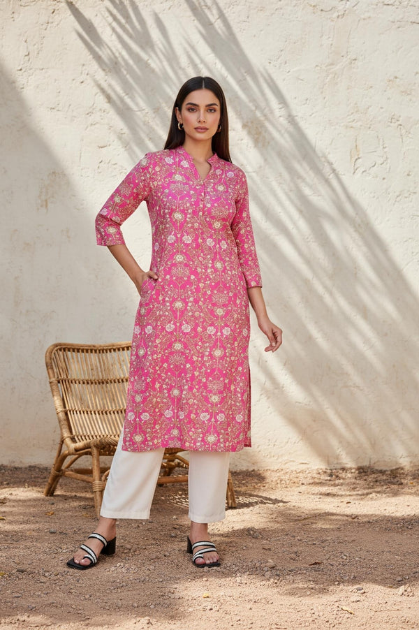 Pink Floral Thread Work Straight Rayon Kurta