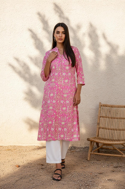 Pink Floral Thread Work Straight Rayon Kurta