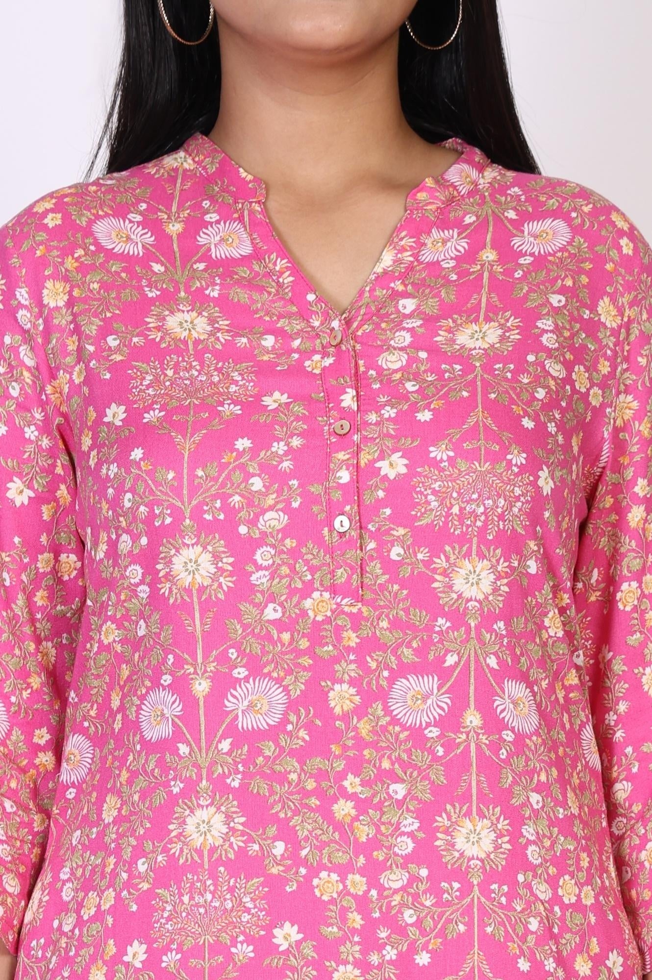 Pink Floral Thread Work Straight Rayon Kurta