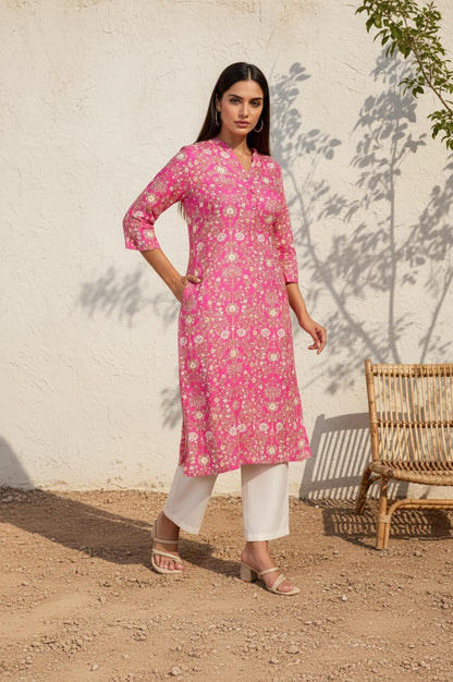 Pink Floral Thread Work Straight Rayon Kurta