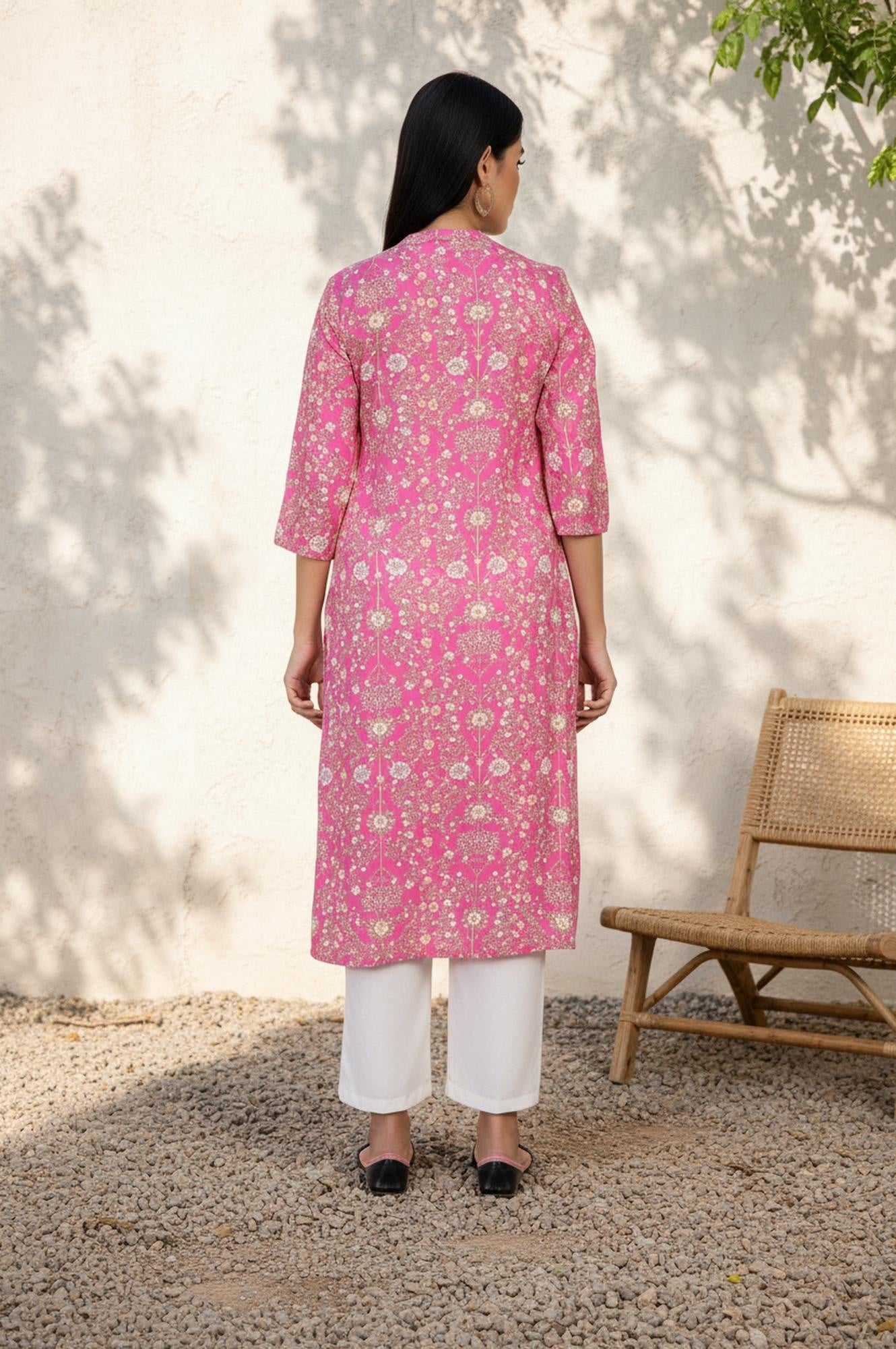Pink Floral Thread Work Straight Rayon Kurta