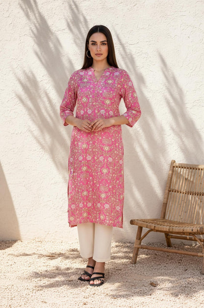 Pink Floral Thread Work Straight Rayon Kurta