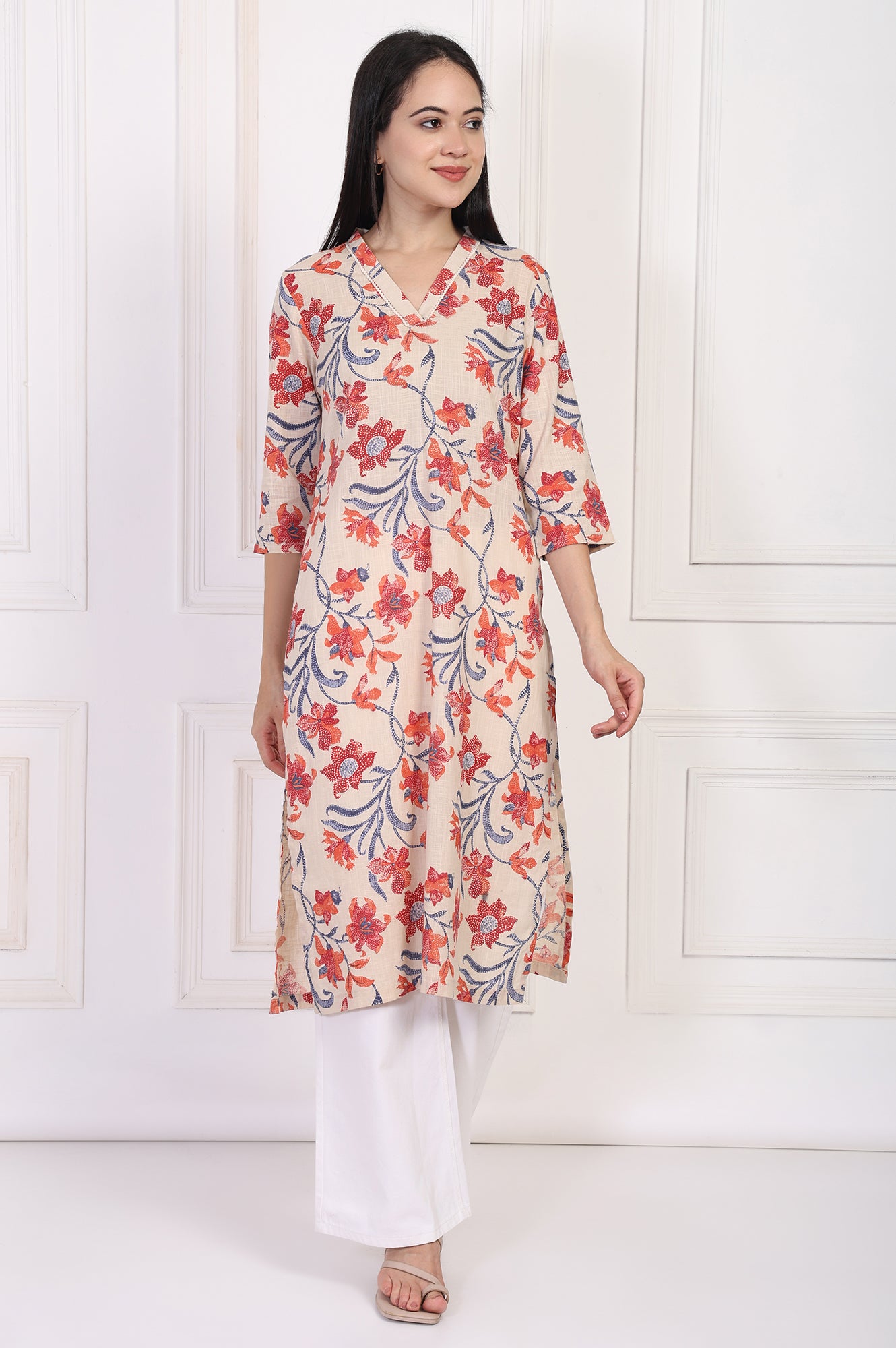 Beige Floral Printed Lace Trim Straight Cotton Kurta