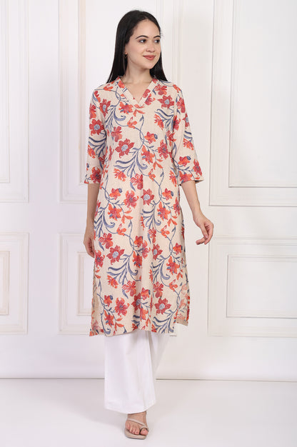 Beige Floral Printed Lace Trim Straight Cotton Kurta
