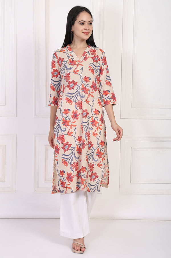 Beige Floral Printed Lace Trim Straight Cotton Kurta
