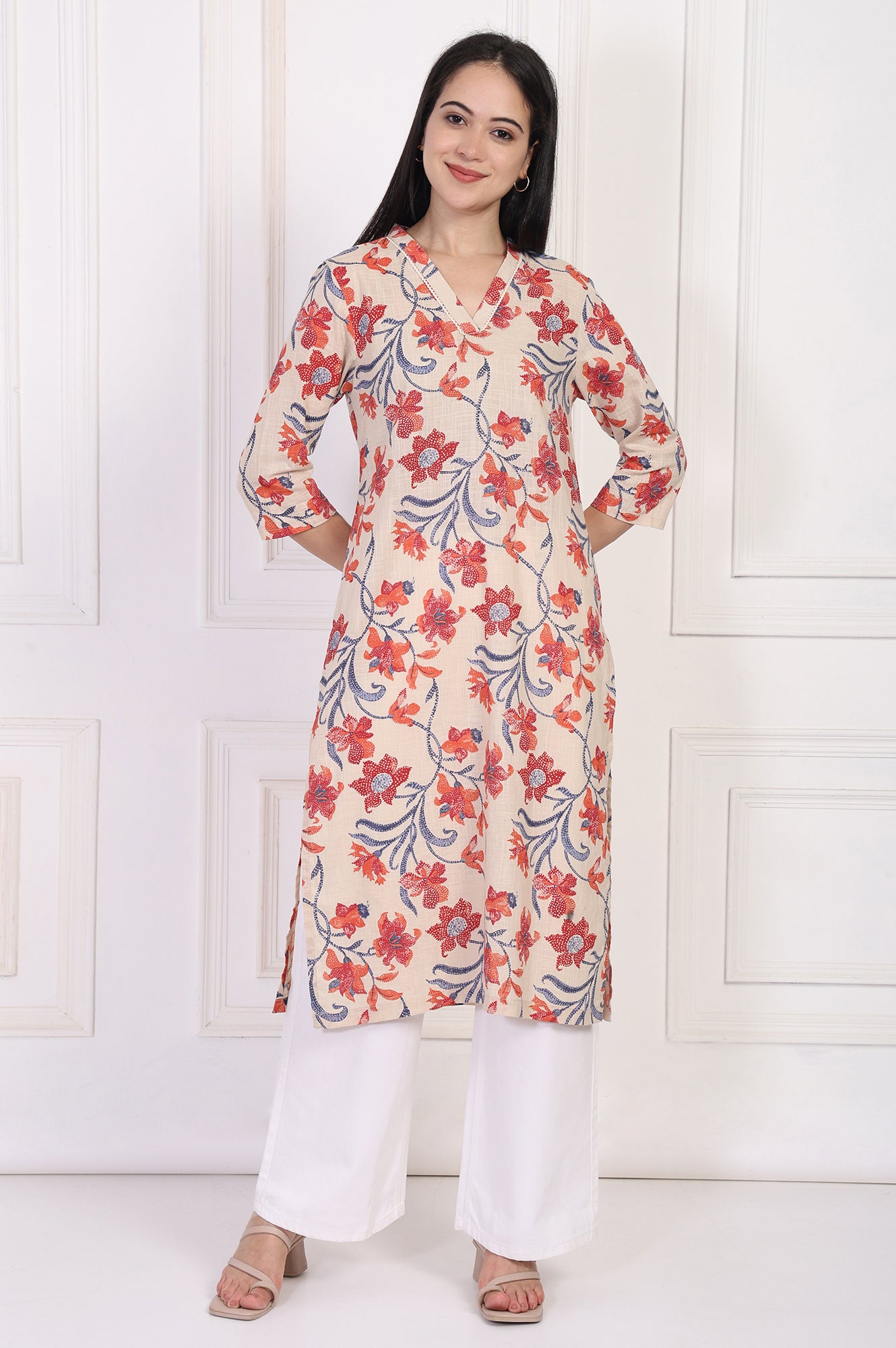 Beige Floral Printed Lace Trim Straight Cotton Kurta