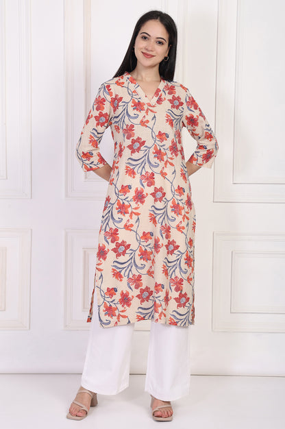 Beige Floral Printed Lace Trim Straight Cotton Kurta
