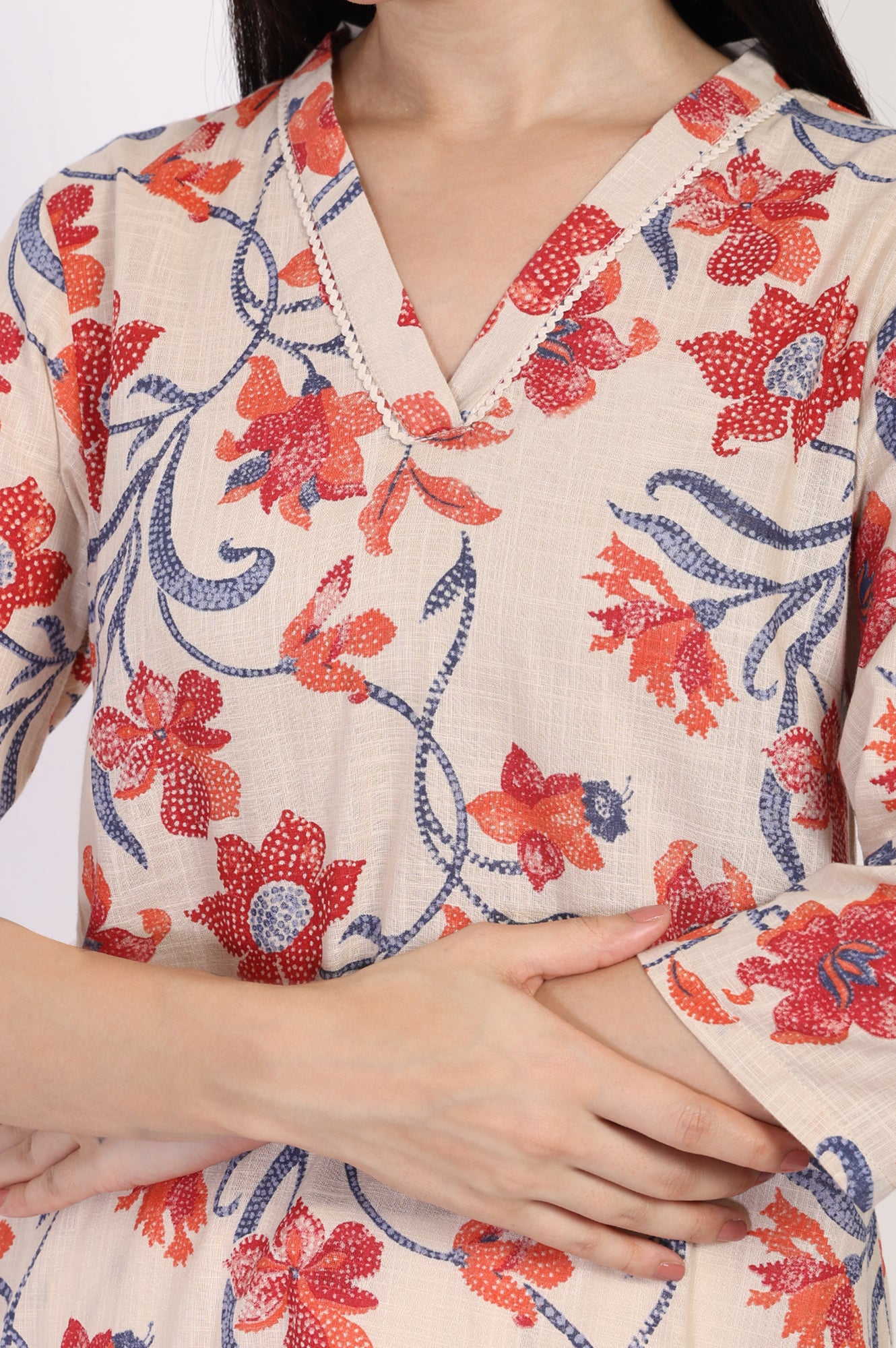 Beige Floral Printed Lace Trim Straight Cotton Kurta