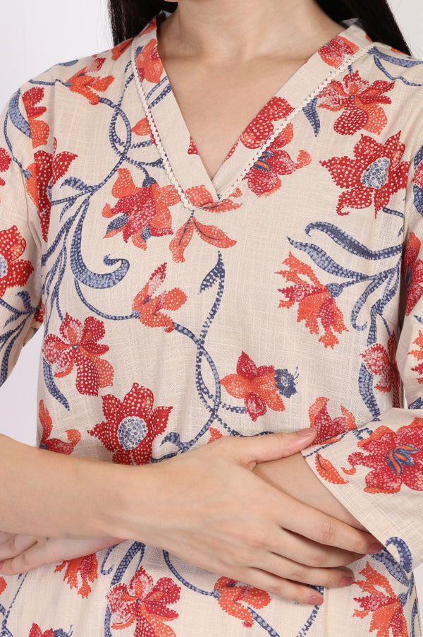 Beige Floral Printed Lace Trim Straight Cotton Kurta