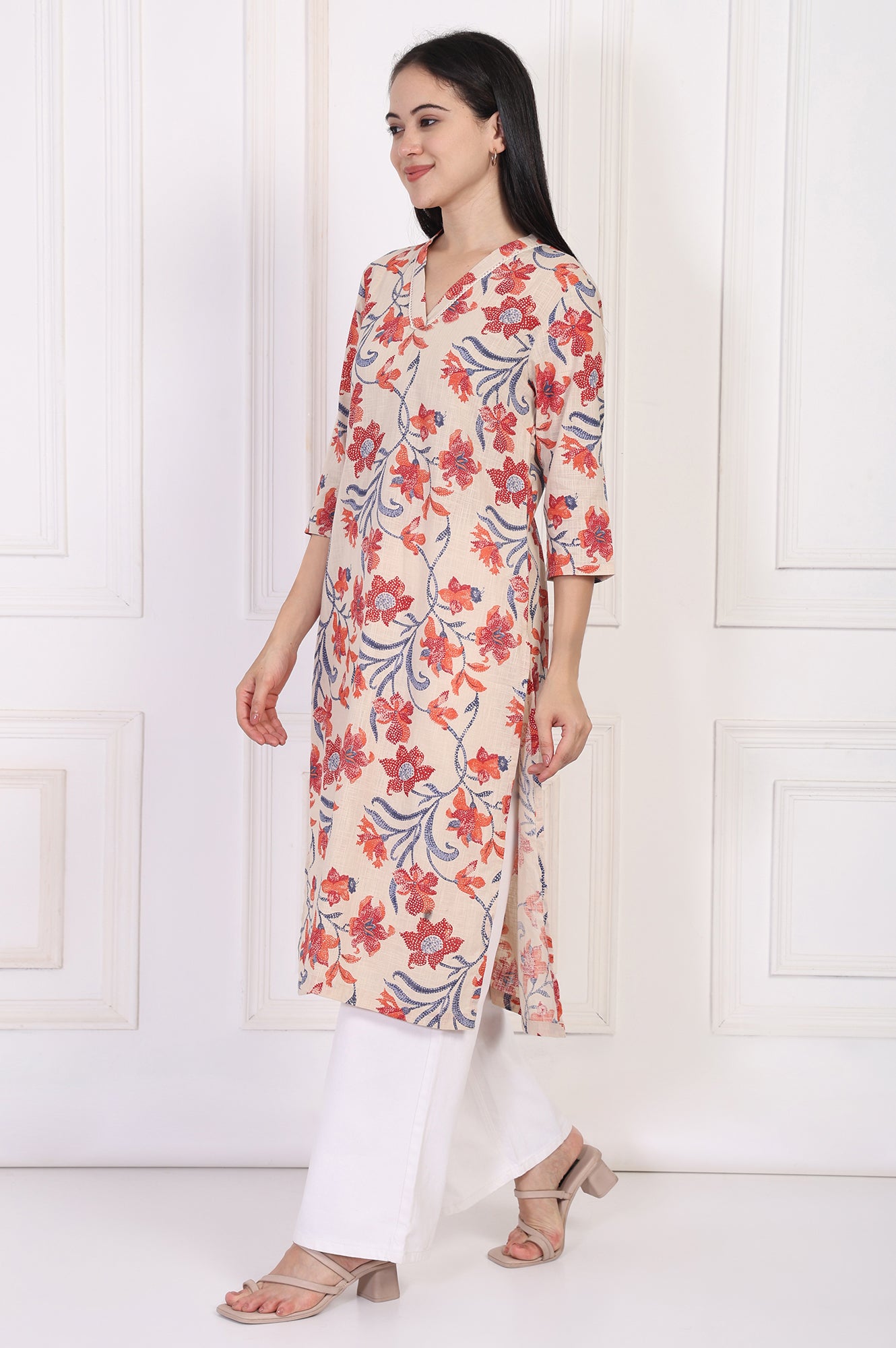 Beige Floral Printed Lace Trim Straight Cotton Kurta