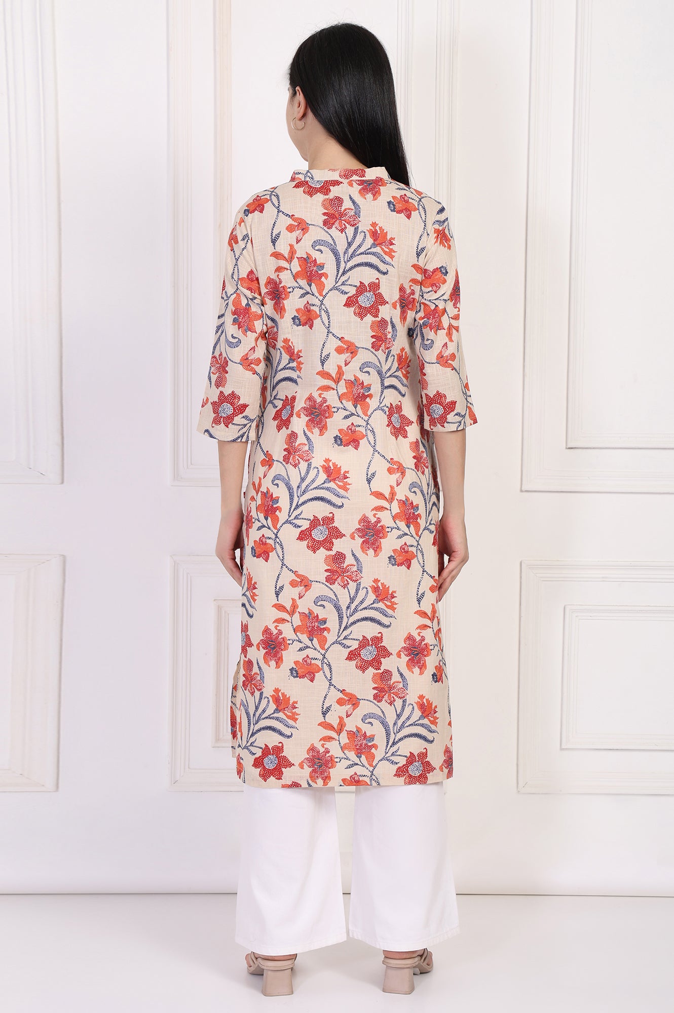 Beige Floral Printed Lace Trim Straight Cotton Kurta