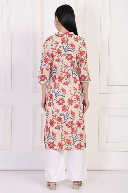 Beige Floral Printed Lace Trim Straight Cotton Kurta