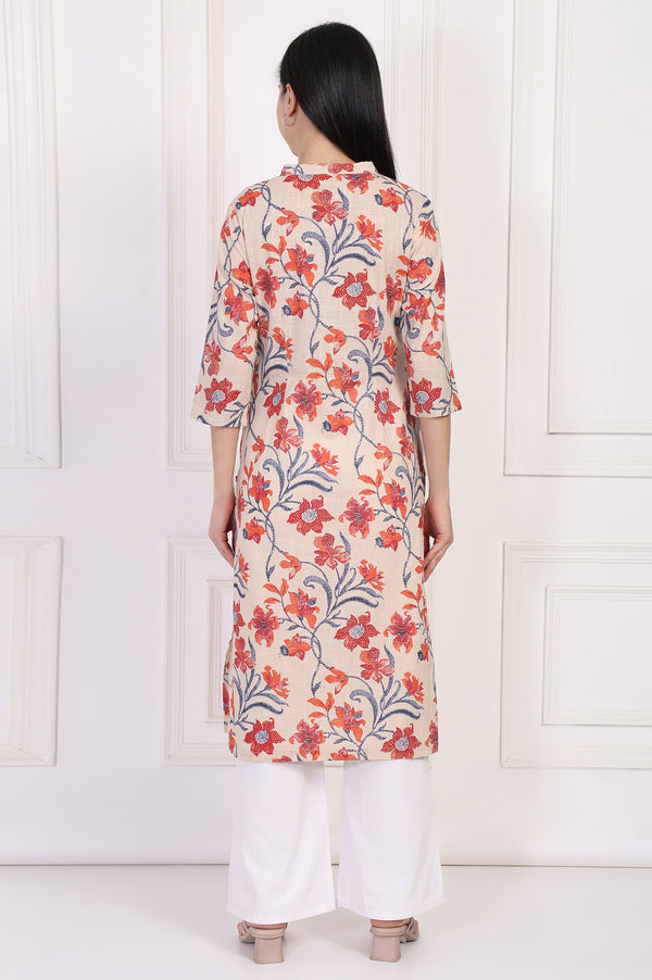 Beige Floral Printed Lace Trim Straight Cotton Kurta