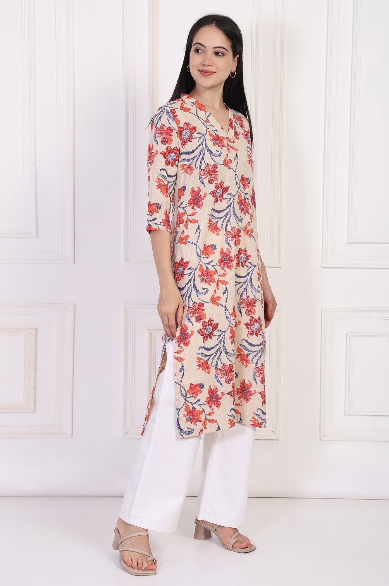 Beige Floral Printed Lace Trim Straight Cotton Kurta