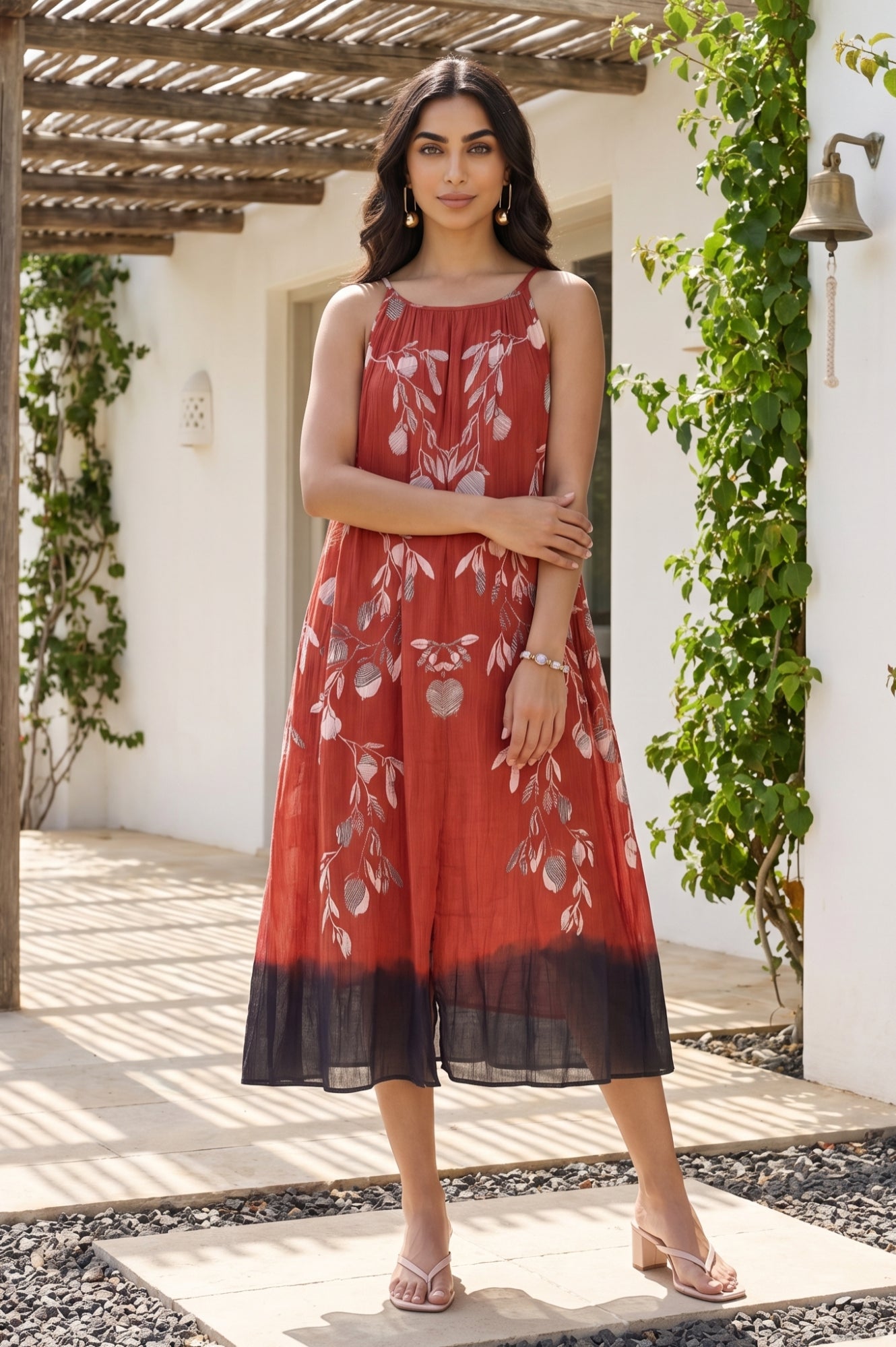 Red Floral Printed Pure Cotton Sleeveless Flared Dress