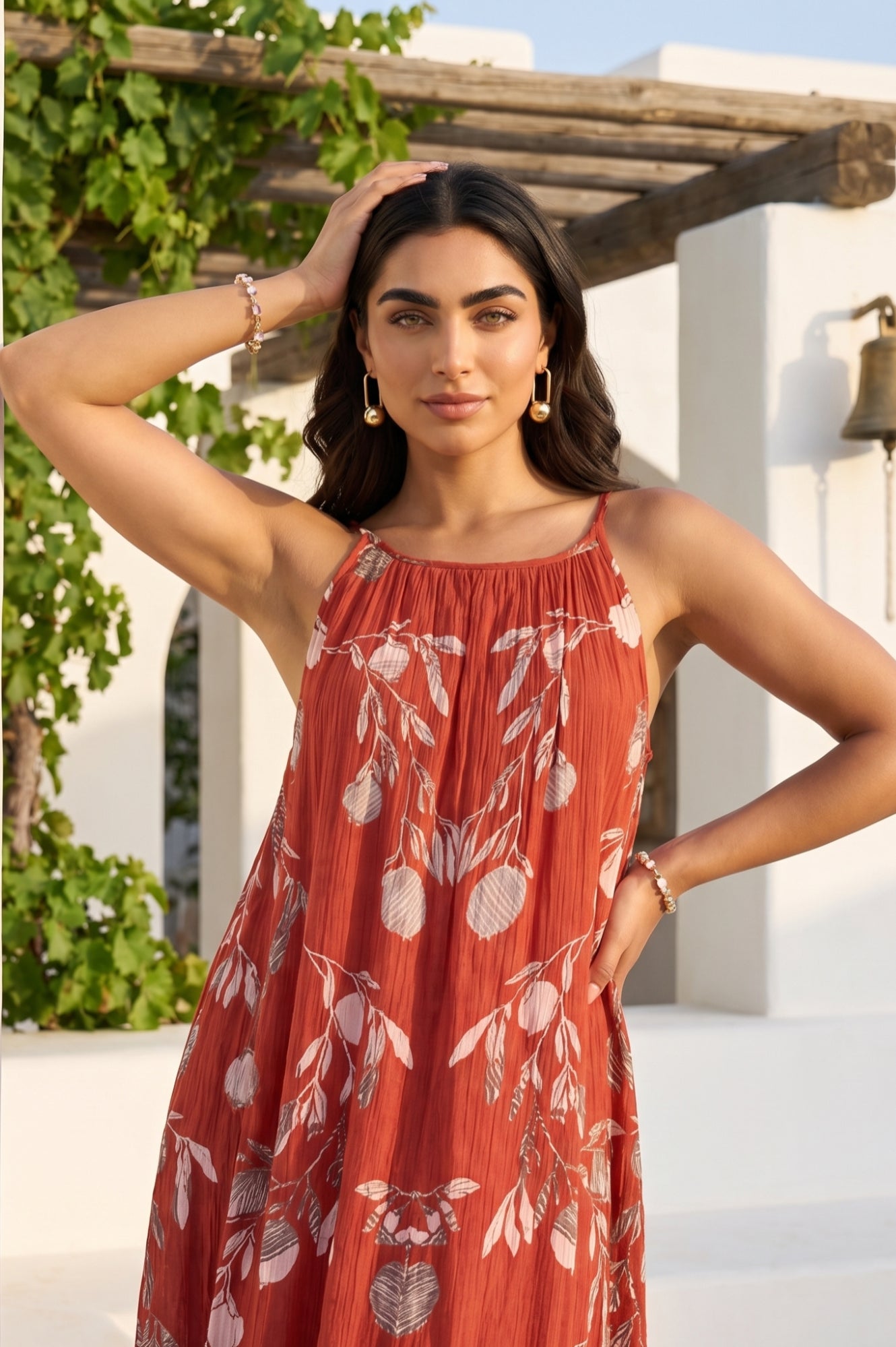 Red Floral Printed Pure Cotton Sleeveless Flared Dress