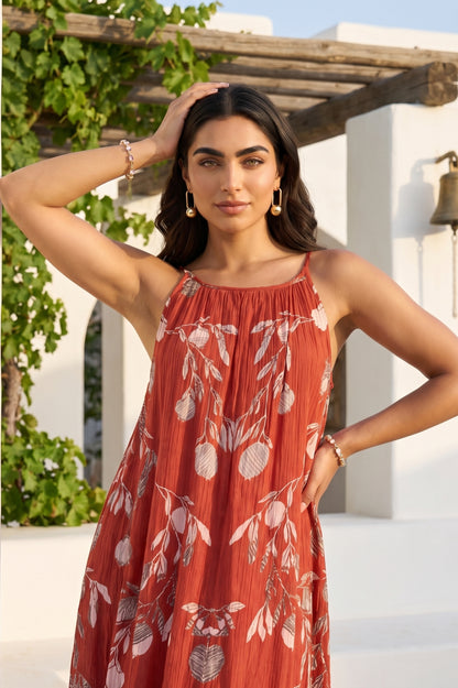 Red Floral Printed Pure Cotton Sleeveless Flared Dress