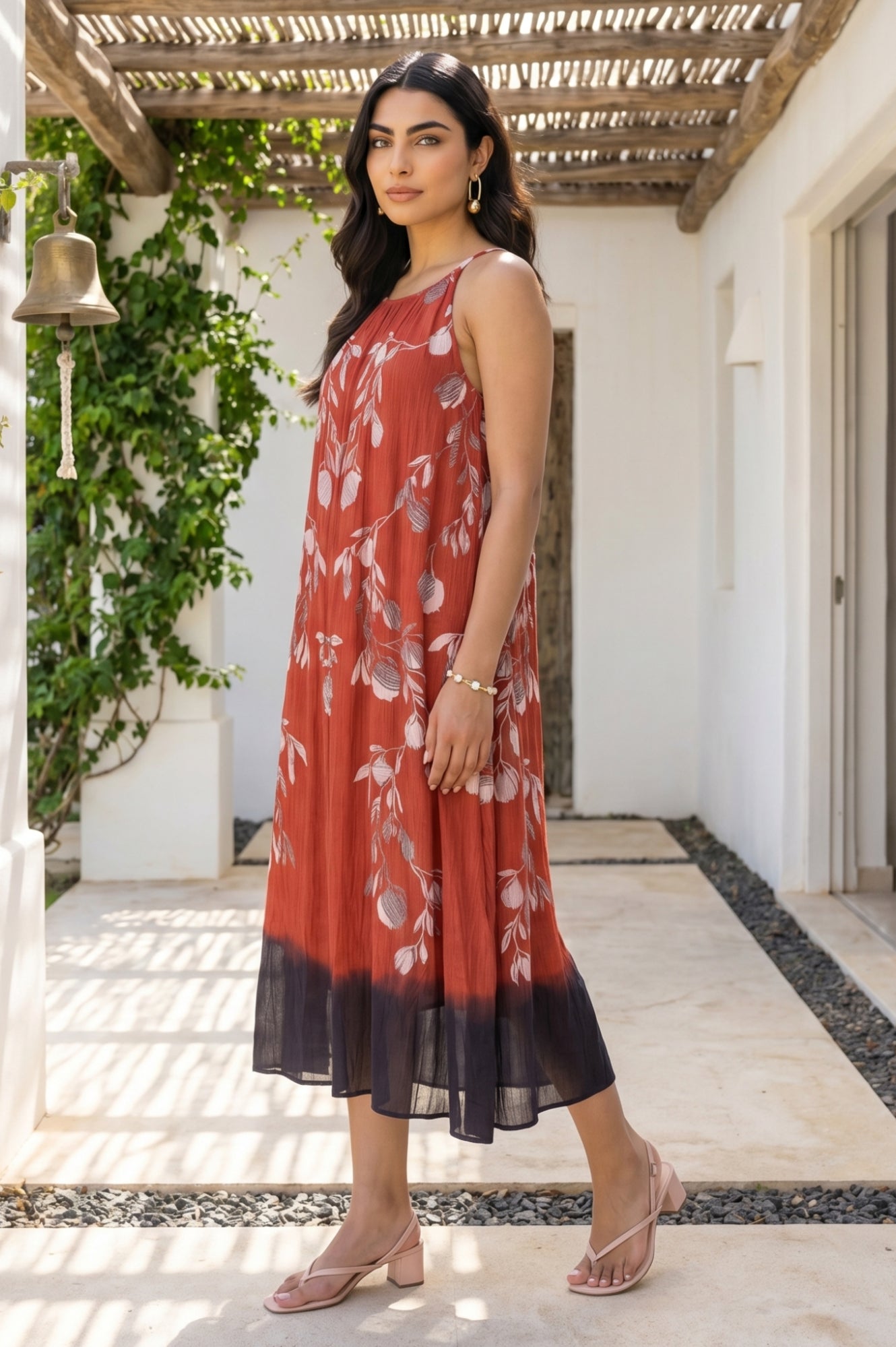 Red Floral Printed Pure Cotton Sleeveless Flared Dress