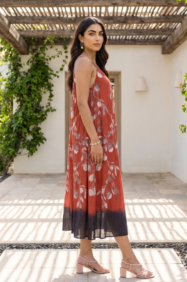 Red Floral Printed Pure Cotton Sleeveless Flared Dress