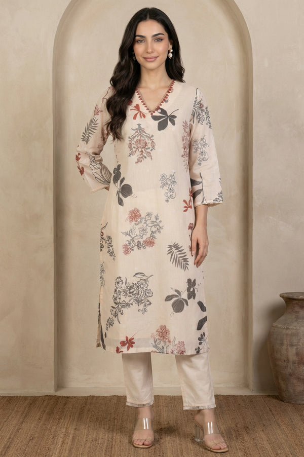 Cream Floral Printed Lace Chiffon Straight Kurta