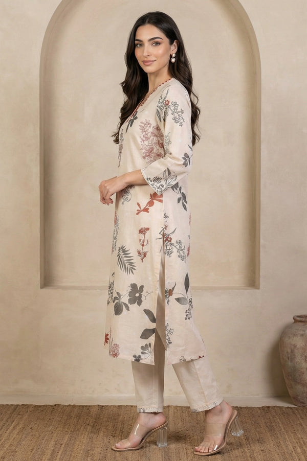 Cream Floral Printed Lace Chiffon Straight Kurta