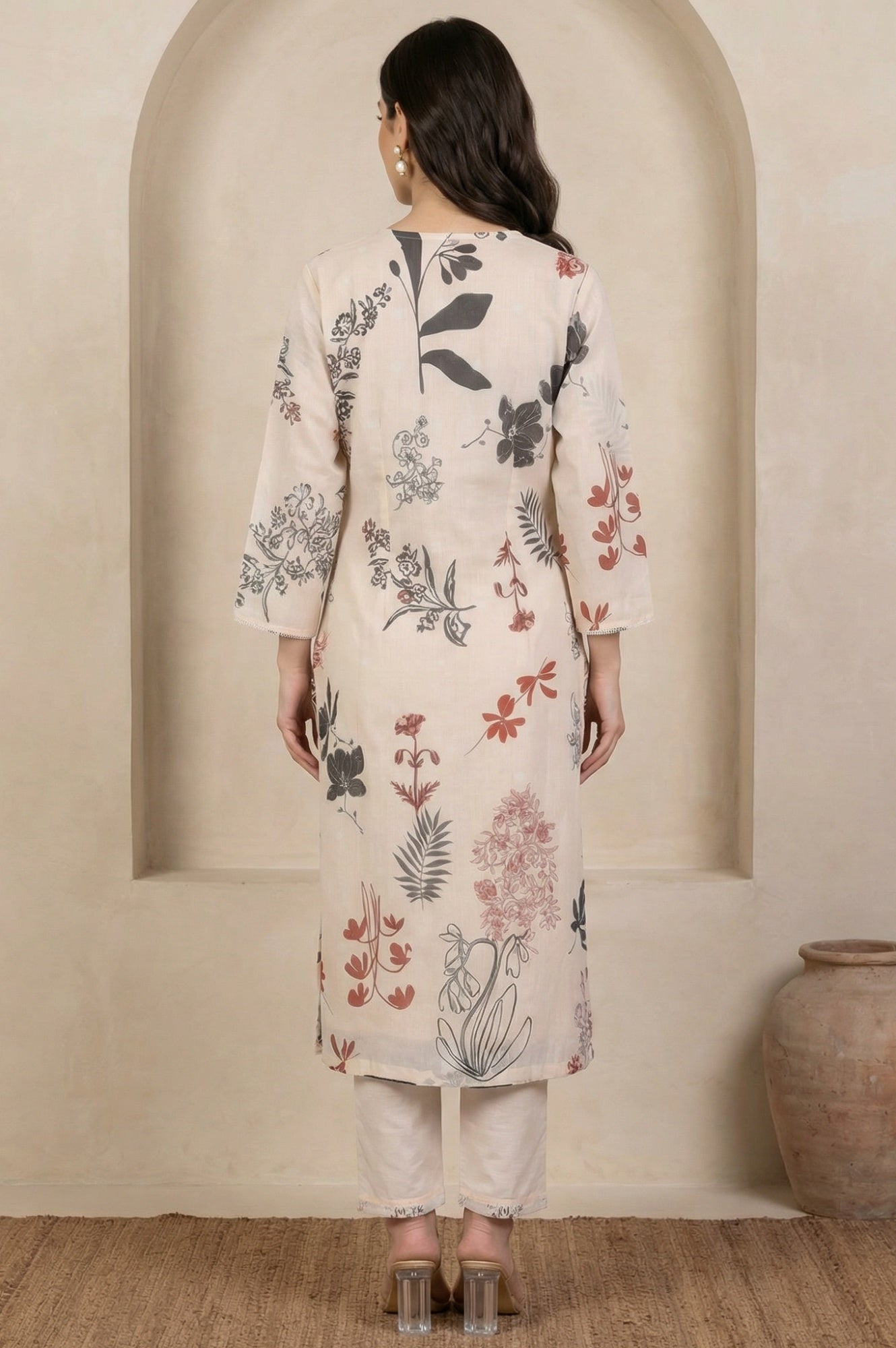 Cream Floral Printed Lace Chiffon Straight Kurta