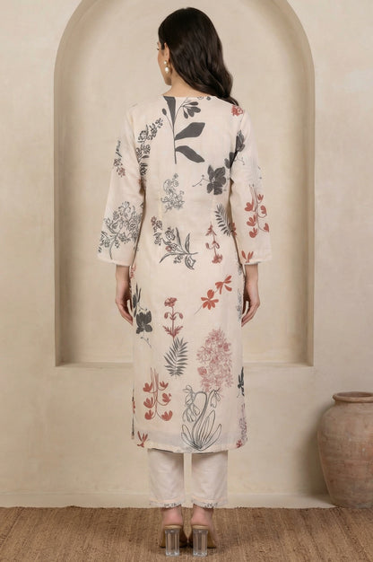 Cream Floral Printed Lace Chiffon Straight Kurta