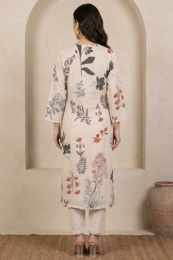 Cream Floral Printed Lace Chiffon Straight Kurta