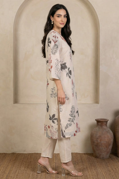 Cream Floral Printed Lace Chiffon Straight Kurta