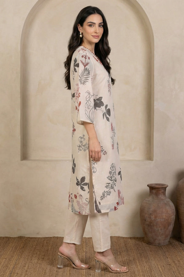 Cream Floral Printed Lace Chiffon Straight Kurta