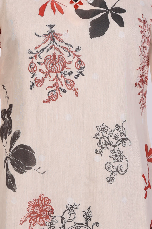 Cream Floral Printed Lace Chiffon Straight Kurta