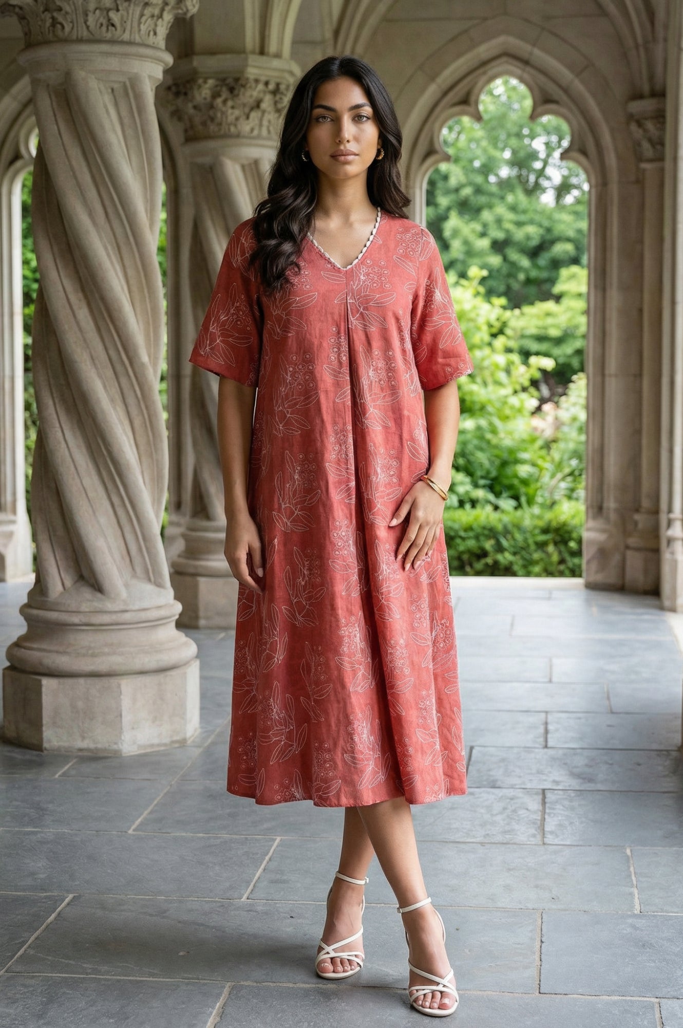 Buy Rust Floral Printed Rayon A-line Dress Online for Woman