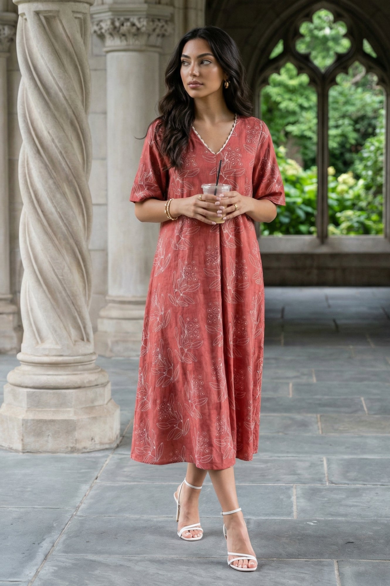 Rust Floral Printed Rayon A-line Dress