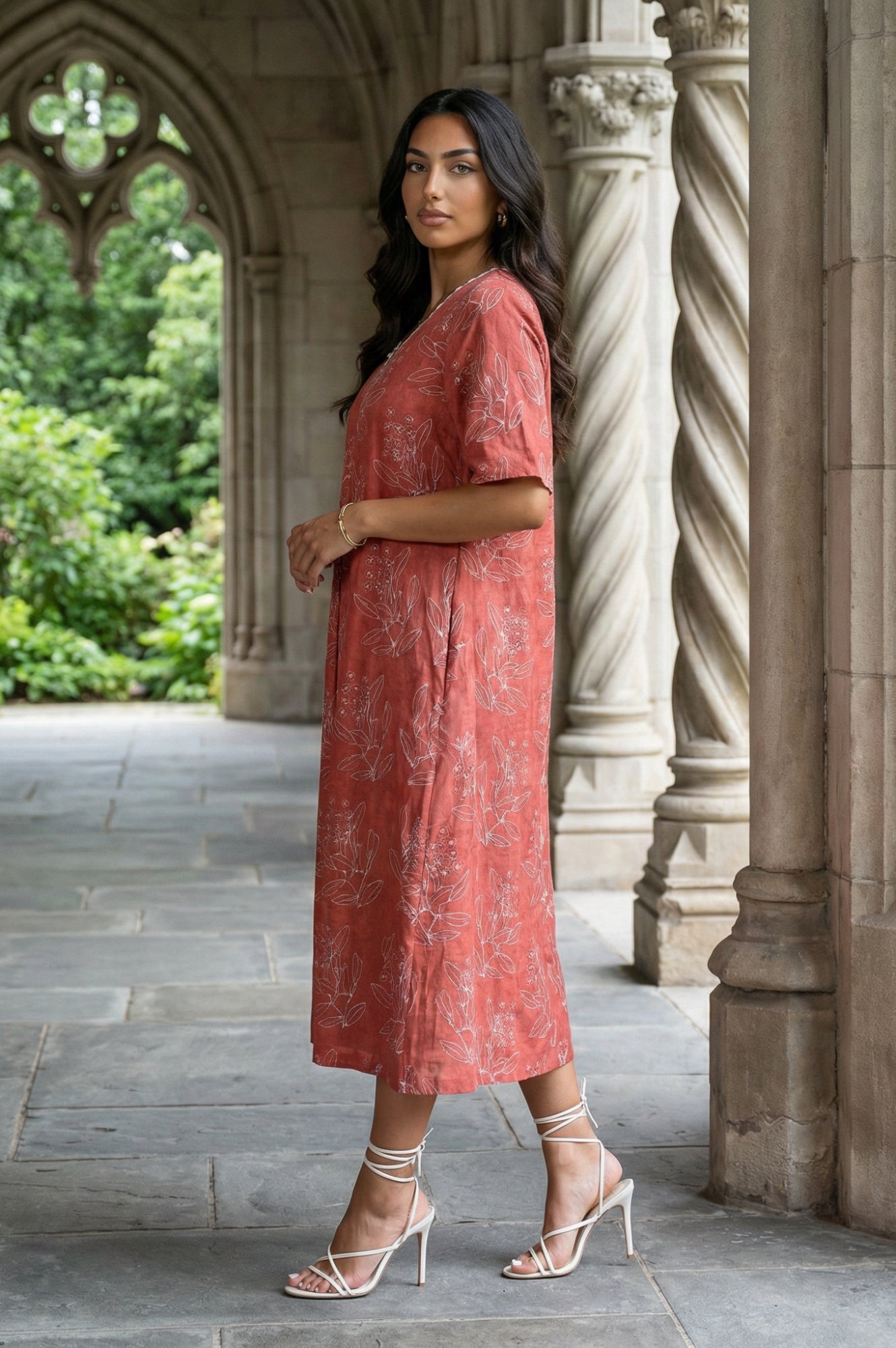 Rust Floral Printed Rayon A-line Dress