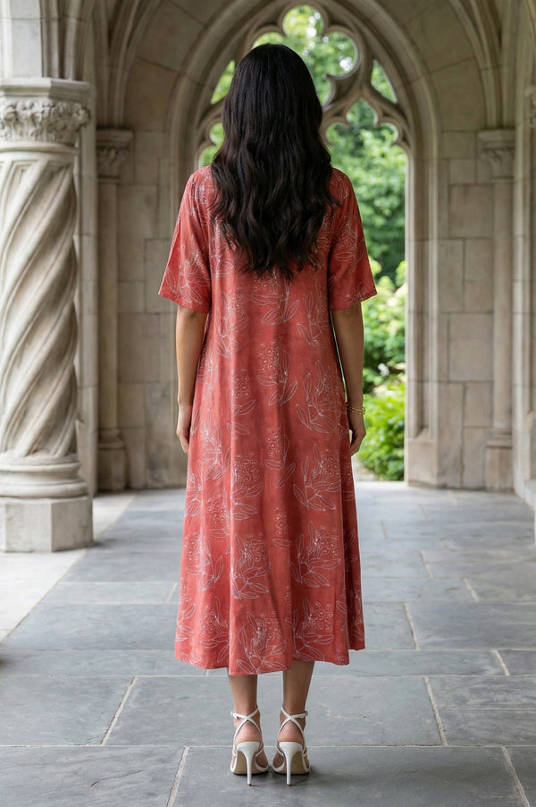 Rust Floral Printed Rayon A-line Dress